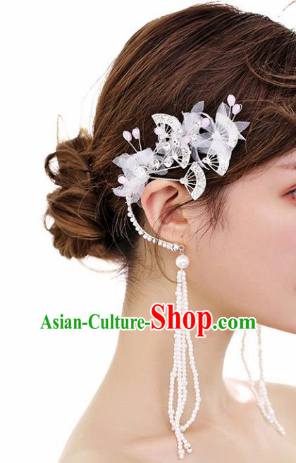 Chinese Traditional Bride Jewelry Accessories Eardrop Princess Wedding Crystal Fan Tassel Earrings for Women