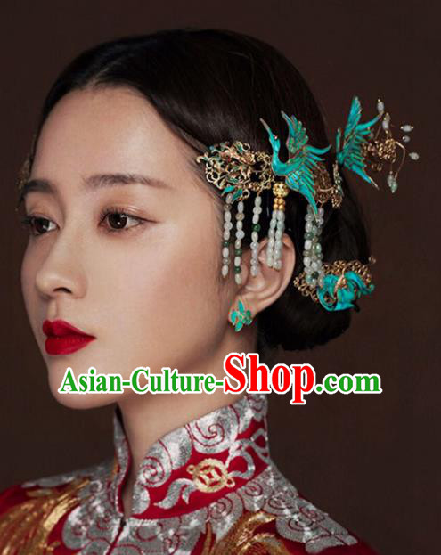Chinese Traditional Bride Hair Accessories Headwear Xiuhe Suit Palace Phoenix Step Shake Wedding Hairpins for Women