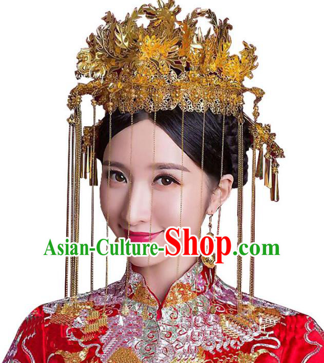 Chinese Traditional Bride Hair Accessories Headwear Xiuhe Suit Palace Golden Phoenix Coronet Wedding Hairpins for Women