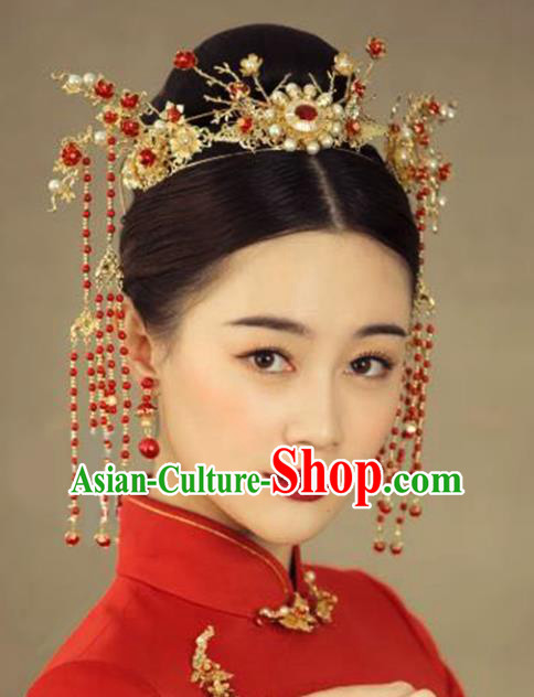 Chinese Traditional Bride Hair Accessories Headwear Xiuhe Suit Palace Pearls Phoenix Coronet Wedding Hairpins for Women