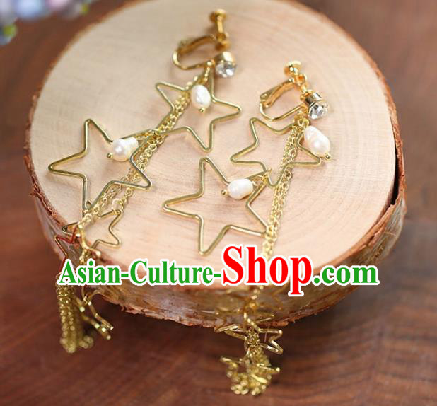 Chinese Traditional Bride Jewelry Accessories Eardrop Princess Wedding Golden Star Tassel Earrings for Women