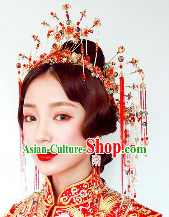 Chinese Traditional Bride Hair Accessories Xiuhe Suit Phoenix Coronet Wedding Tassel Hairpins Complete Set for Women
