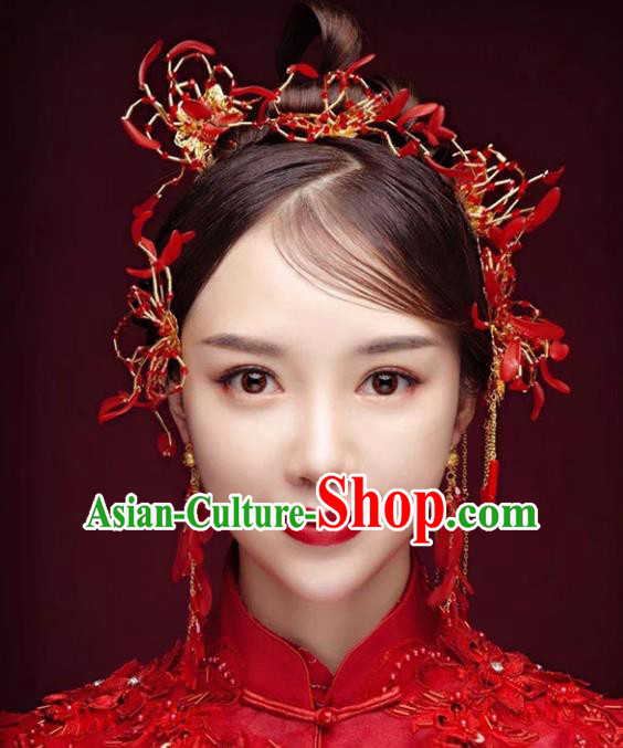 Chinese Traditional Bride Hair Accessories Xiuhe Suit Hair Comb Wedding Tassel Hairpins Complete Set for Women