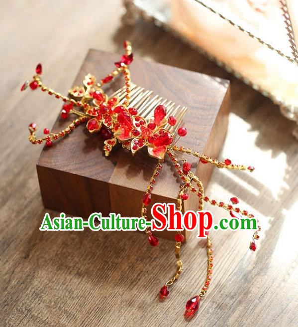 Chinese Traditional Bride Hair Accessories Baroque Princess Wedding Red Crystal Hair Comb for Women