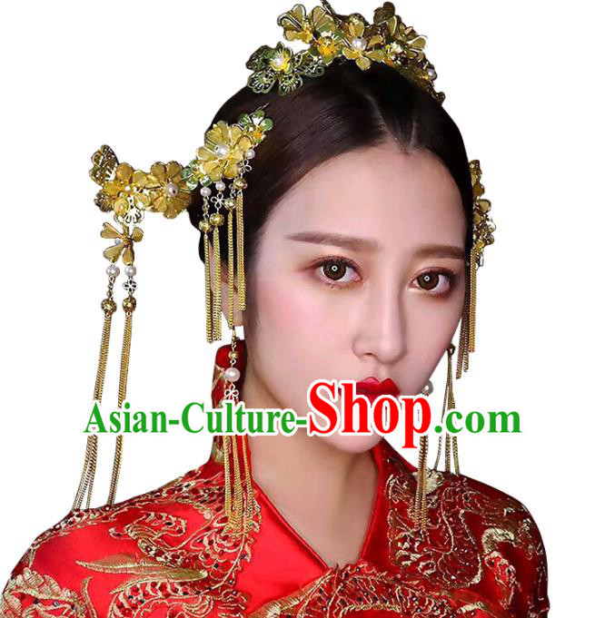 Chinese Traditional Bride Hair Accessories Xiuhe Suit Wedding Golden Step Shake Hairpins Complete Set for Women