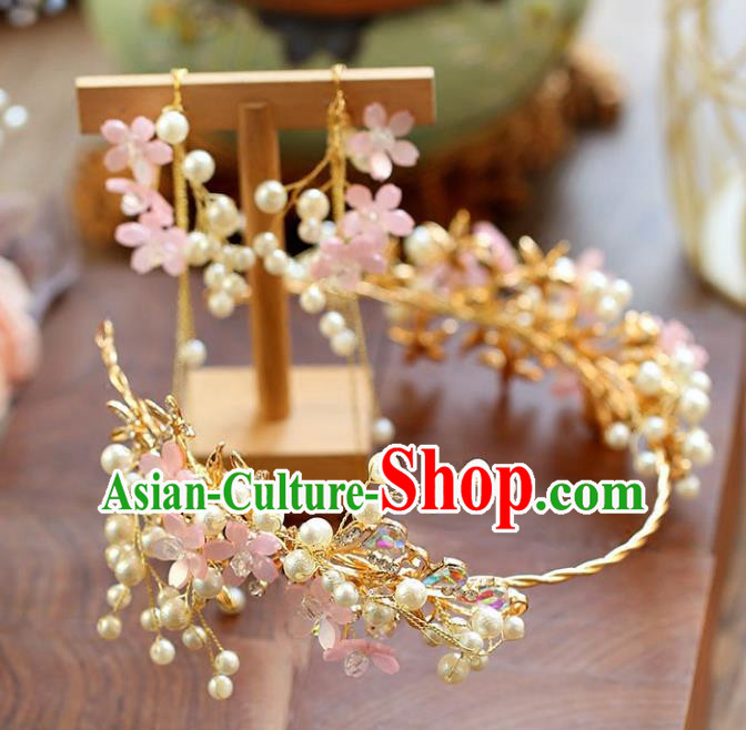 Chinese Traditional Bride Hair Accessories Baroque Princess Wedding Pink Flowers Pearls Hair Clasp for Women