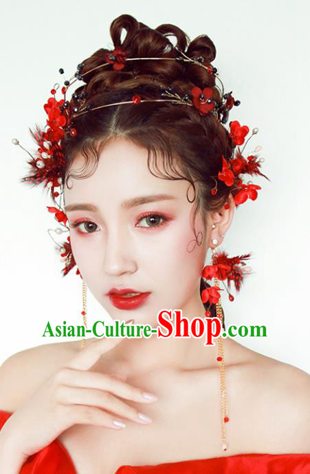 Chinese Traditional Bride Hair Accessories Baroque Princess Wedding Red Feather Hair Clasp and Earrings for Women