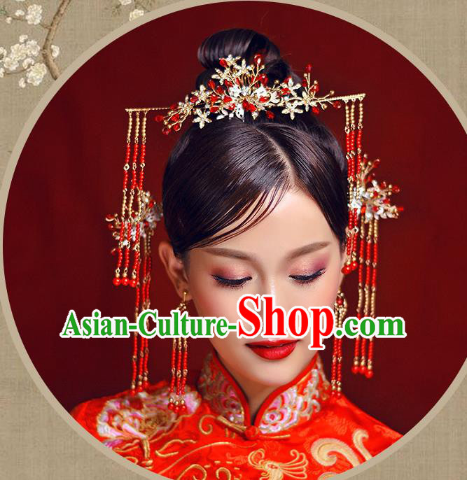 Chinese Traditional Bride Hair Accessories Xiuhe Suit Red Beads Tassel Step Shake Wedding Hairpins for Women