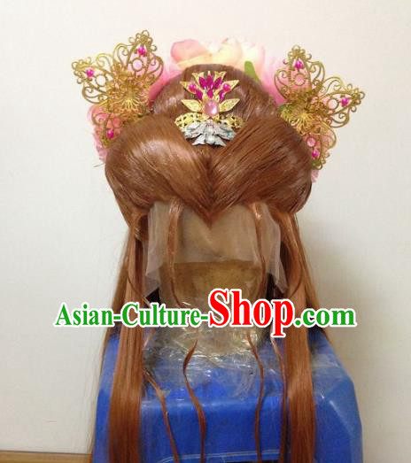 Chinese Traditional Ancient Imperial Princess Hair Accessories and Wigs Handmade Hairpins Complete Set for Women