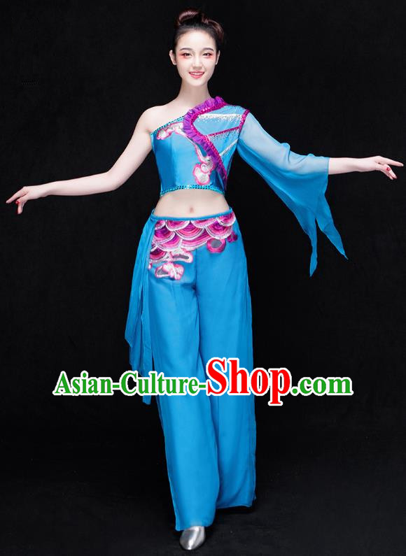 Traditional Chinese Classical Dance Fan Dance Costume, China Yangko Dance Blue Single Sleeve Clothing for Women