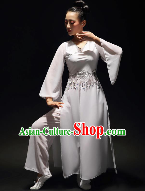 Traditional Chinese Classical Dance Costume, China Yangko Dance Fan Dance Hanfu White Clothing for Women