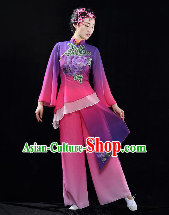 Traditional Chinese Classical Dance Fan Dance Costume, China Yangko Dance Purple Clothing for Women