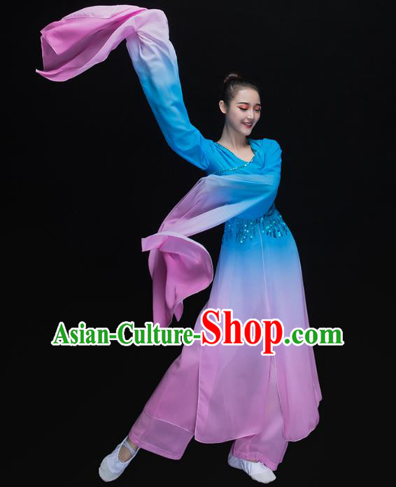 Traditional Chinese Classical Dance Fan Dance Costume, China Yangko Dance Water Sleeve Blue Clothing for Women