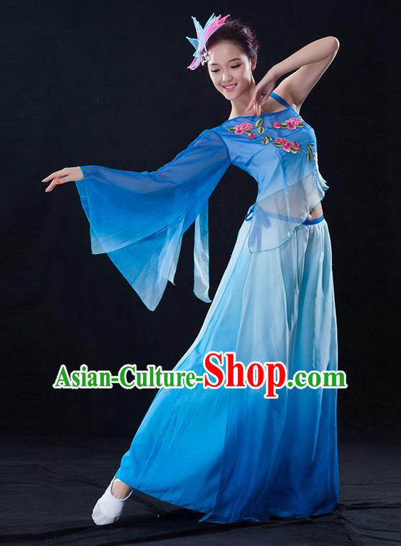 Traditional Chinese Classical Dance Fan Dance Embroidered Blue Costume, China Yangko Dance Clothing for Women