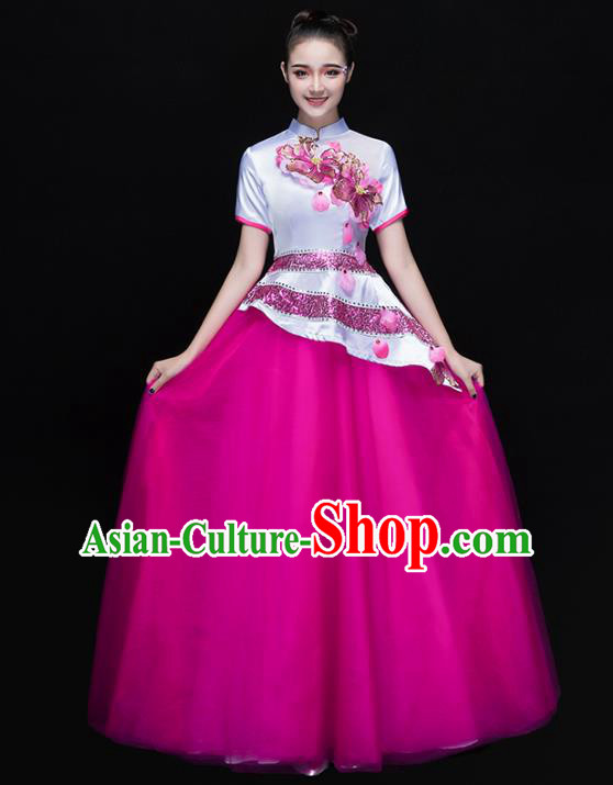 Traditional Chinese Modern Dance Costume, Opening Dance Chorus Singing Group Rosy Dress for Women