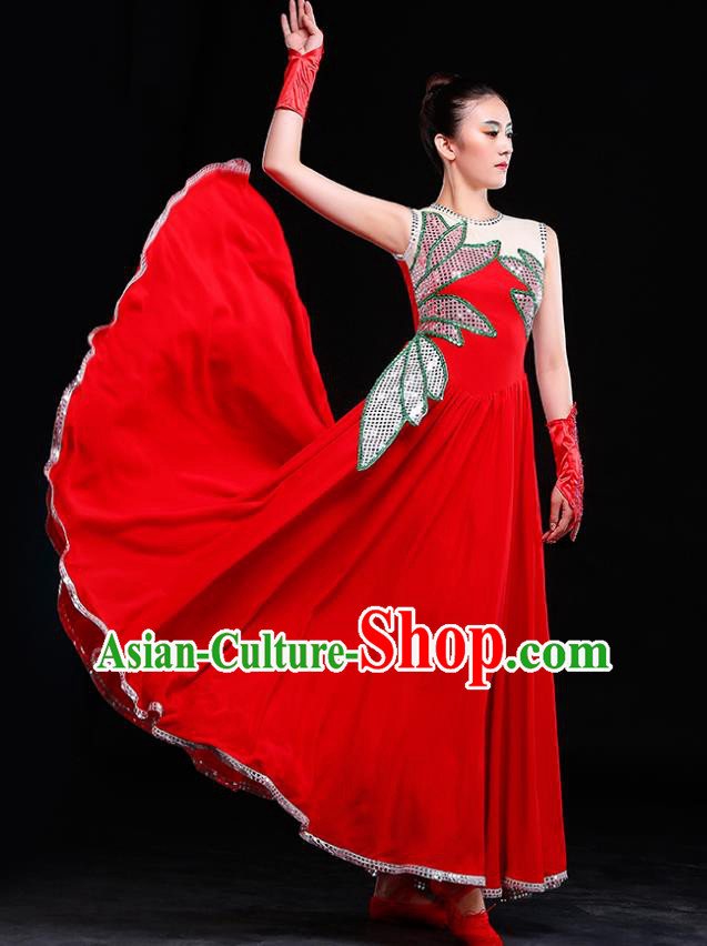 Traditional Chinese Modern Dance Costume, Opening Dance Chorus Singing Group Red Dress for Women