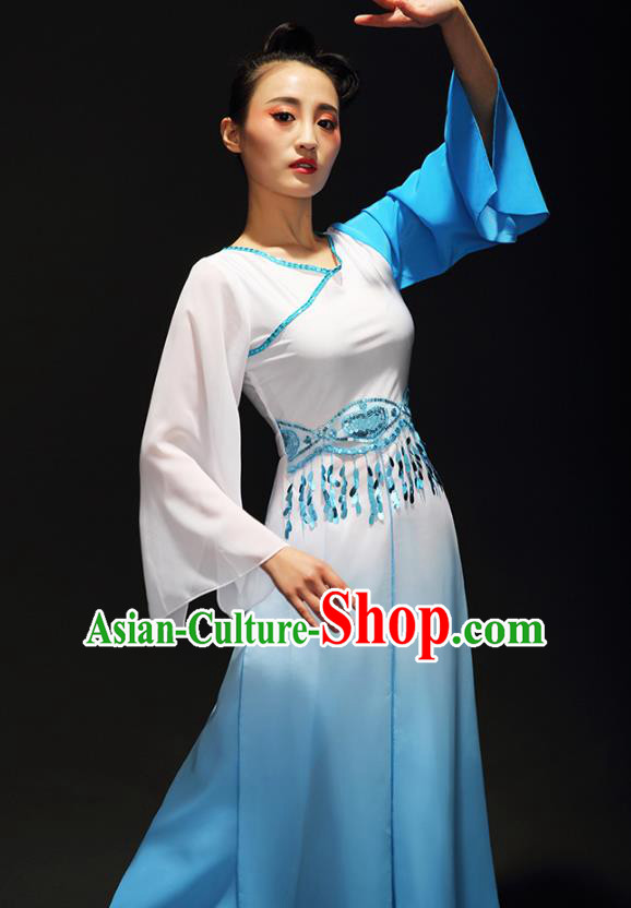 Traditional Chinese Classical Dance Costume, China Yangko Dance Fan Dance Hanfu Blue Clothing for Women