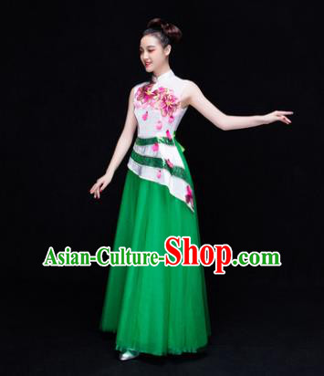Traditional Chinese Modern Dance Costume, Opening Dance Chorus Singing Group Green Dress Clothing for Women