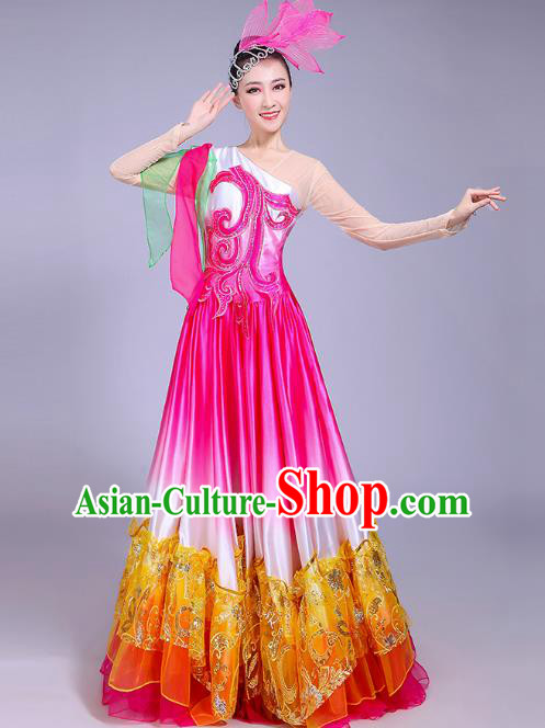 Traditional Chinese Modern Dance Opening Dance Big Swing Dress Clothing, China Folk Dance Lotus Dance Costume for Women