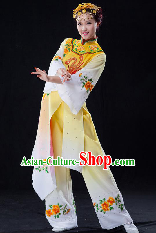Traditional Chinese Classical Dance Umbrella Dance Water Sleeve Costume, China Folk Dance Yangko Yellow Clothing for Women