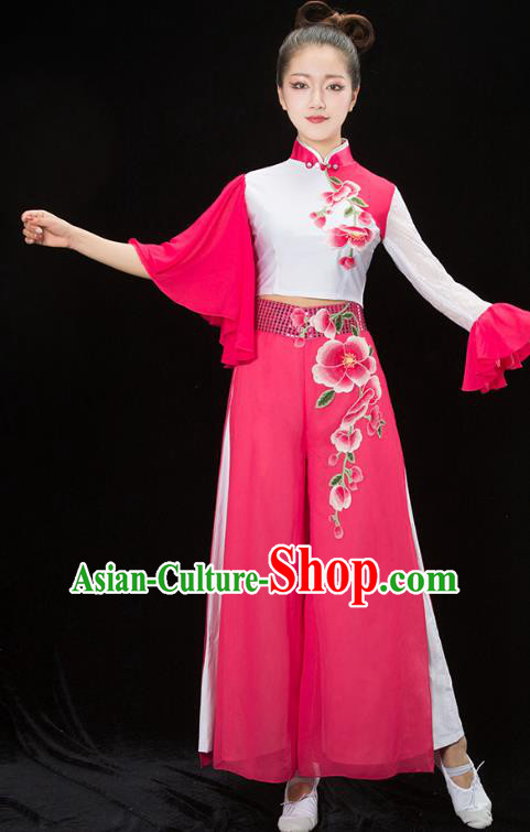 Traditional Chinese Classical Dance Umbrella Dance Embroidered Costume, China Folk Dance Yangko Pink Clothing for Women