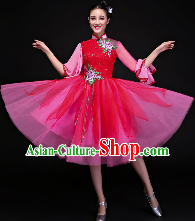 Traditional Chinese Modern Dance Rosy Cheongsam, Opening Dance Chorus Dress Clothing for Women
