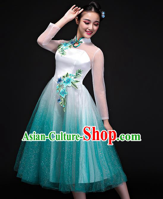 Traditional Chinese Modern Dance Green Bubble Dress, Opening Dance Chorus Clothing for Women