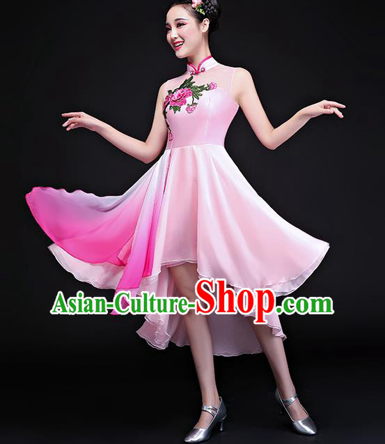 Traditional Chinese Classical Fan Dance Embroidered Pink Cheongsam Dress, China Yangko Folk Dance Clothing for Women