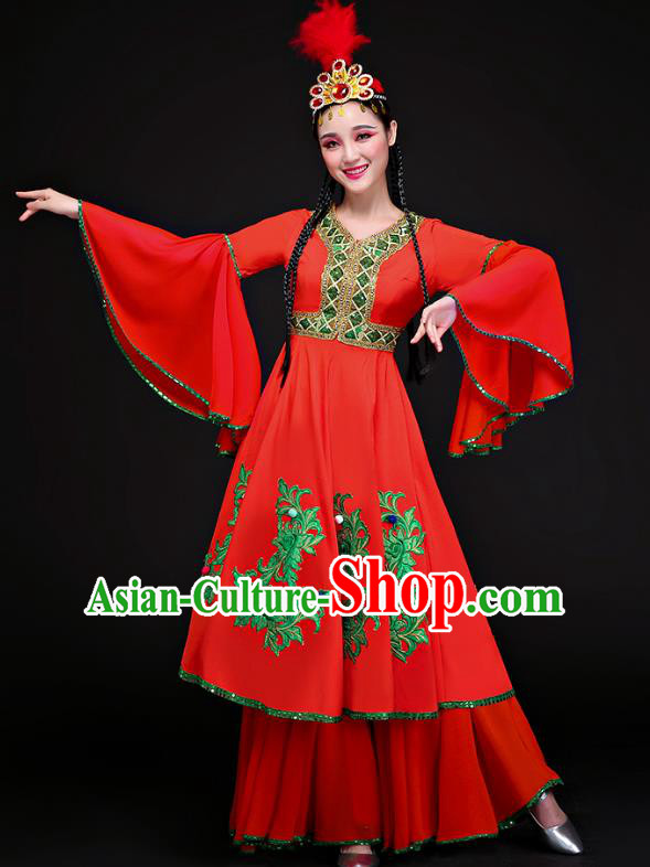 Traditional Chinese Uyghur Nationality Dance Costume, Chinese Uigurian Minority Dance Red Dress Clothing for Women