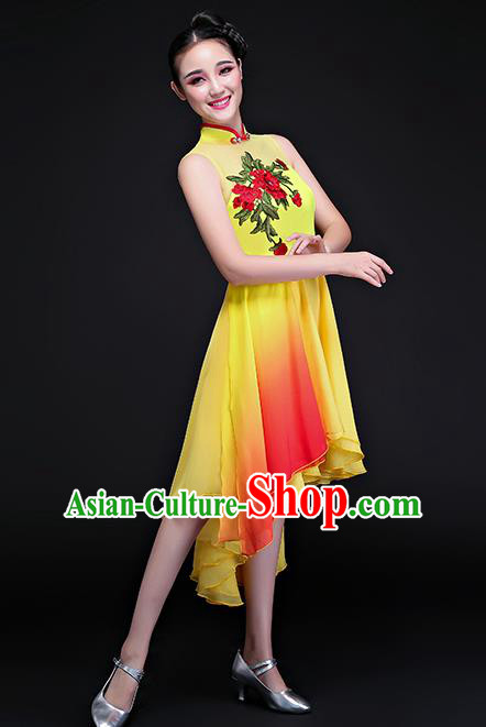 Traditional Chinese Classical Fan Dance Embroidered Yellow Cheongsam Dress, China Yangko Folk Dance Clothing for Women