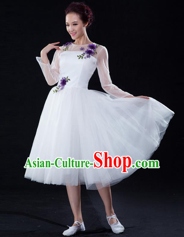 Traditional Chinese Modern Dance Fan Dance Costume, Opening Dance Chorus White Bubble Dress Clothing for Women