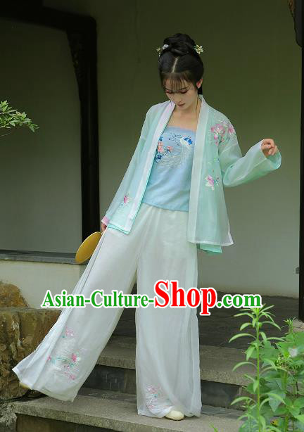 Traditional Chinese Song Dynasty Young Lady Hanfu Costume Embroidered Blouse and Pants for Women