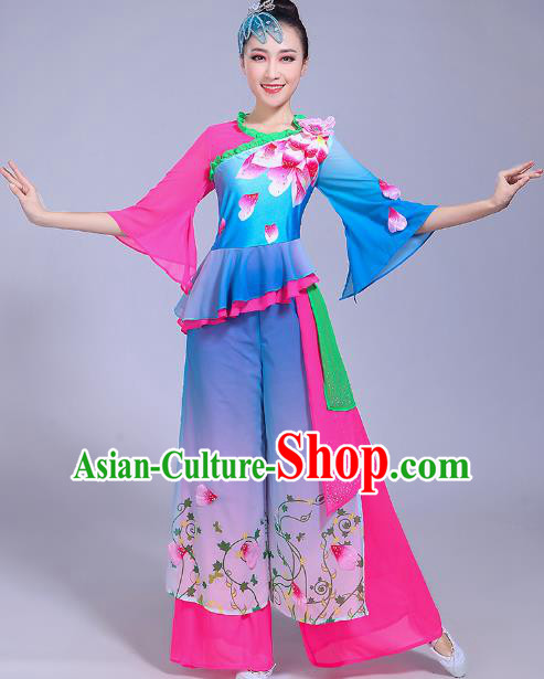 Traditional Chinese Classical Umbrella Dance Costume, China Yangko Folk Dance Yangge Blue Clothing for Women