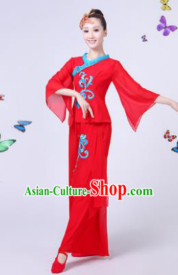 Traditional Chinese Classical Umbrella Dance Costume, China Yangko Folk Fan Dance Red Clothing for Women