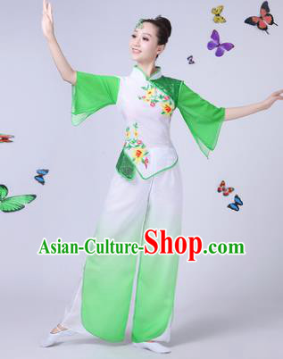 Traditional Chinese Classical Umbrella Dance Green Costume, China Yangko Folk Fan Dance Clothing for Women