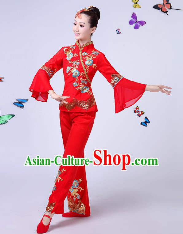 Traditional Chinese Classical Umbrella Dance Embroidered Red Uniform, China Yangko Folk Fan Dance Clothing for Women