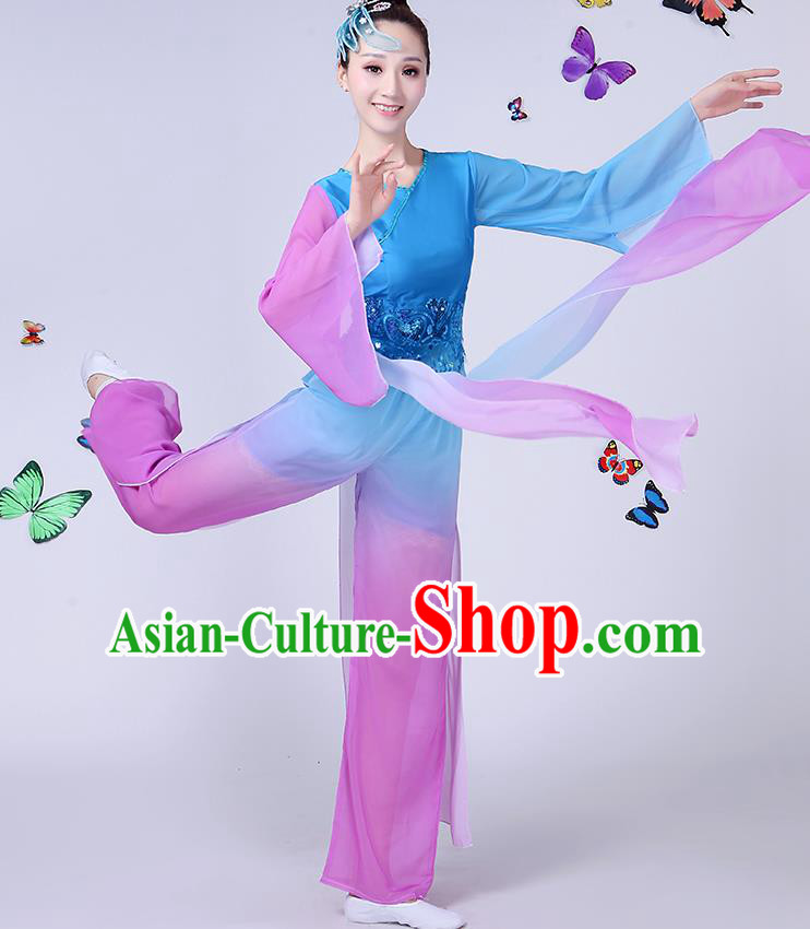 Traditional Chinese Classical Umbrella Dance Blue Costume, China Yangko Folk Fan Dance Clothing for Women