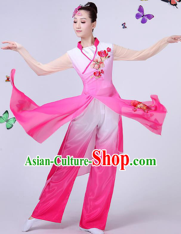 Traditional Chinese Classical Umbrella Dance Pink Embroidered Costume, China Yangko Folk Fan Dance Clothing for Women