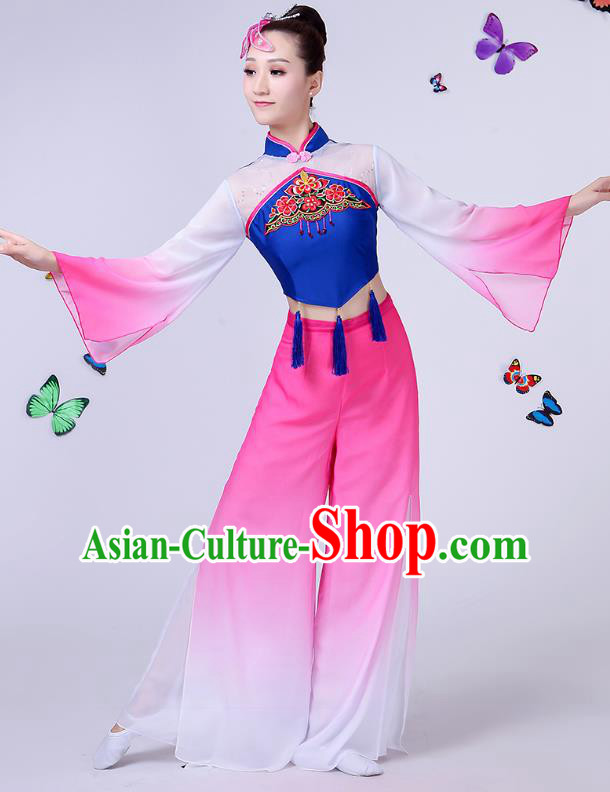 Traditional Chinese Classical Umbrella Dance Embroidered Peony Blue Costume, China Yangko Folk Fan Dance Clothing for Women