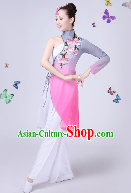 Traditional Chinese Classical Fan Dance Embroidered Peony Costume, China Yangko Folk Umbrella Dance Clothing for Women