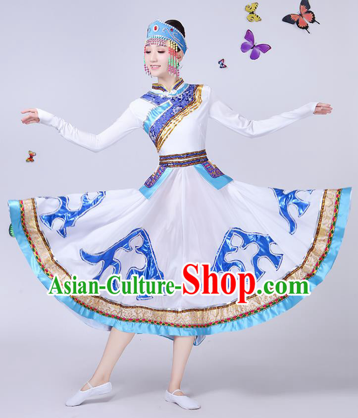 Traditional Chinese Mongol Nationality Dance Costume, Chinese Mongolian Minority Folk Dance Embroidery White Dress for Women