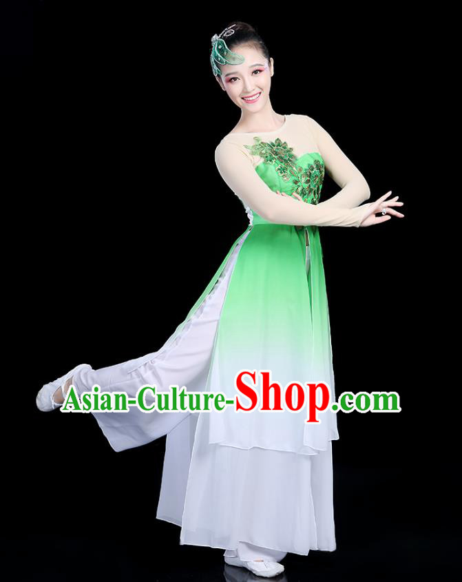 Traditional Chinese Classical Dance Green Uniform Fan Dance Costume, China Yangko Folk Umbrella Dance Clothing for Women