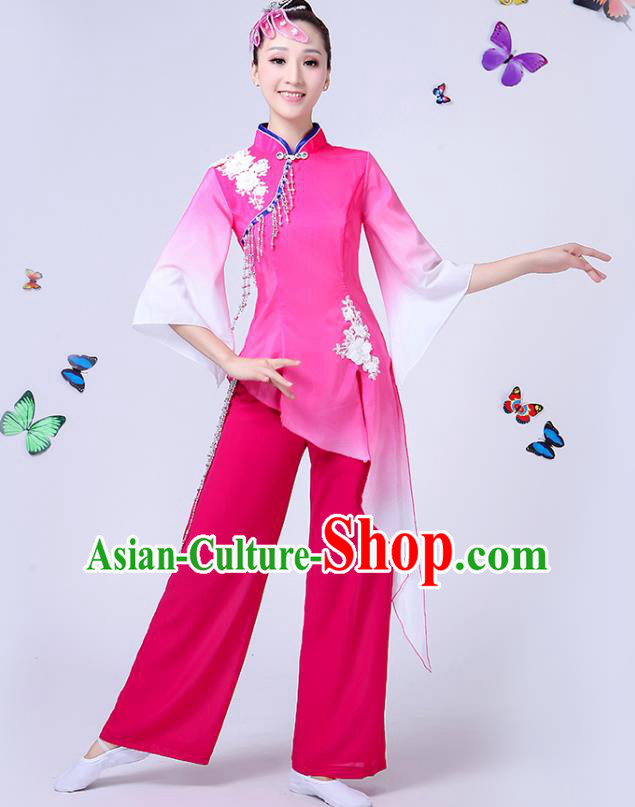 Traditional Chinese Classical Fan Dance Costume, China Yangko Folk Fan Dance Pink Clothing for Women