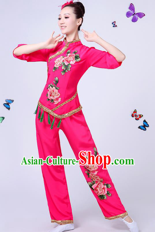 Traditional Chinese Classical Fan Dance Costume, China Yangko Folk Fan Dance Rosy Clothing for Women