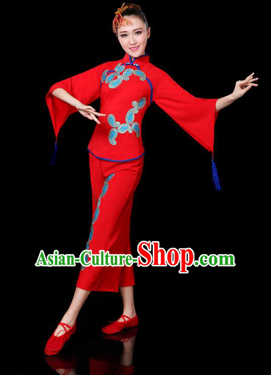 Traditional Chinese Yangge Fan Dance Red Uniform, China Classical Folk Yangko Drum Dance Clothing for Women