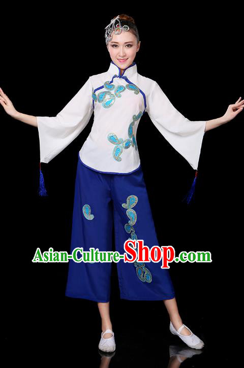 Traditional Chinese Yangge Fan Dance White Uniform, China Classical Folk Yangko Drum Dance Clothing for Women
