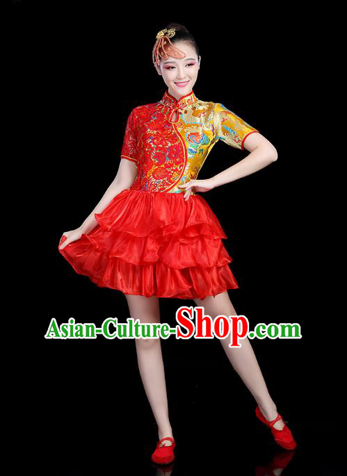 Traditional Chinese Modern Dance Opening Dance Clothing Chorus Competition Red Bubble Dress for Women