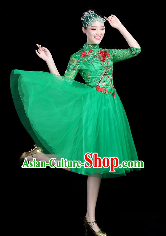 Traditional Chinese Modern Dance Opening Dance Clothing Chorus Competition Green Veil Bubble Dress for Women