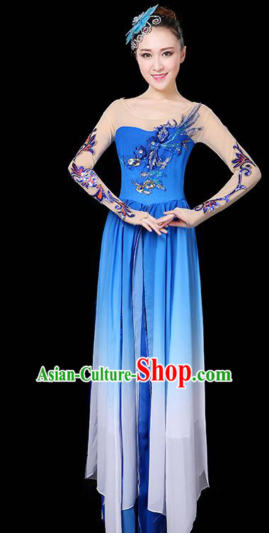 Traditional Chinese Modern Dance Opening Dance Clothing Chorus Yangko Dance Blue Long Dress for Women