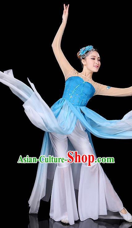 Traditional Chinese Modern Dance Opening Dance Clothing Chorus Yangko Fan Dance Blue Dress for Women